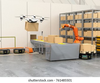 Modern Warehouse Equipped With Robotic Arm, Drone And Robot Carriers. Modern Delivery Center Concept. 3D Rendering Image.