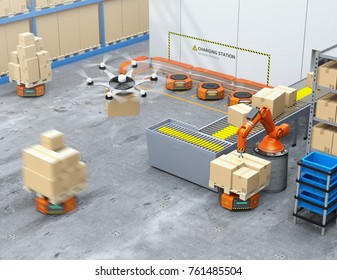 Modern Warehouse Equipped With Robotic Arm, Drone And Robot Carriers. Modern Delivery Center Concept. 3D Rendering Image.