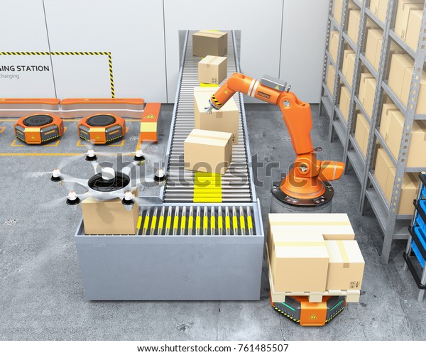 ロボットアーム ドローン ロボットキャリアを備えた現代の倉庫 現代の配信センターのコンセプト 3dレンダリングイメージ のイラスト素材