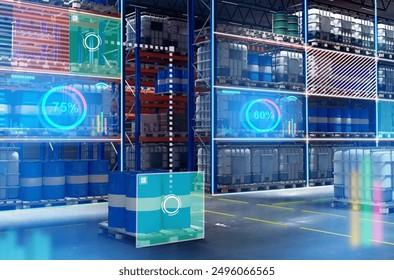 Modern warehouse. Industrial logistics center. Innovative warehouse with virtual metrics. Storage in industrial building. Warehouse with barrels on racks. Futuristic storeroom. 3d image