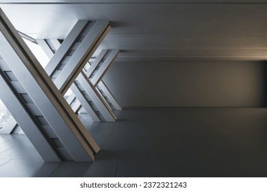 Modern warehouse interior with empty mock up place on gray wall. 3D Rendering