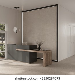 Modern warm interior of the reception desk, side view. Gray reception desk with wooden table, minimalist decor, beautiful wall to place company logo. Layout for the design of an office, spa center, fi - Powered by Shutterstock