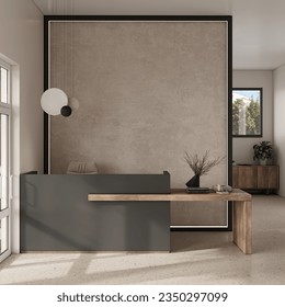 Modern warm interior of the reception desk. Gray reception desk with wooden table, minimalist decor, beautiful wall to place company logo. Layout for the design of an office, spa center, fitness cente - Powered by Shutterstock