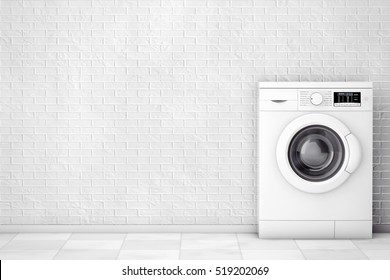 Modern Washing Machine in front of brick wall. 3d Rendering
