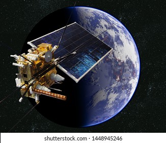 Modern Weather And Scientific Space Satellite Monitoring Earth From Orbit. 3d Rendering Background. 3D Illustration