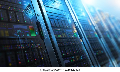 Modernes Geschäftskonzept für Web-Netzwerke und Internet-Telekommunikationstechnologie, Big Data Storage und Cloud-Computing-Computerdienste: 3D-Darstellung der Makroansicht des Serverraums im Rechenzentrum