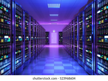 Modern web network and internet telecommunication technology, big data storage and cloud computing computer service business concept: 3D render of the server room interior in datacenter in blue light