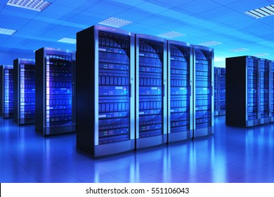 Modern web network and internet telecommunication technology, big data storage and cloud computing computer service business concept: 3D render of the server room interior in datacenter in blue light