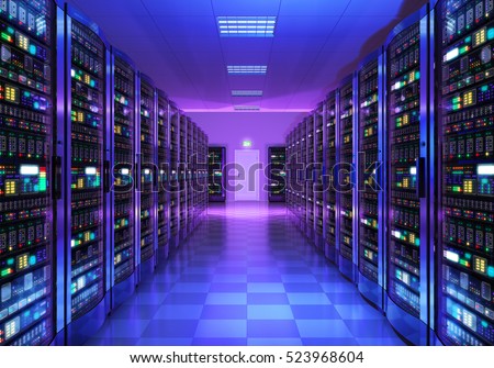 Modern web network and internet telecommunication technology, big data storage and cloud computing computer service business concept: 3D render of the server room interior in datacenter in blue light
