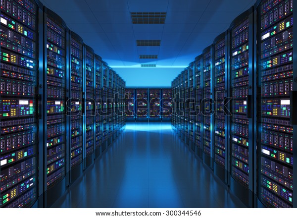 Modern\
web network and internet telecommunication technology, big data\
storage and cloud computing computer service business concept:\
server room interior in datacenter in blue\
light
