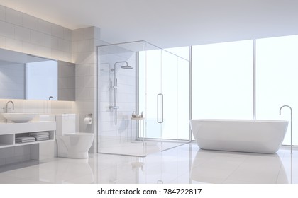 Modern white bathroom 3d rendering image. There are white tile wall and floor.The room has large windows. Looking out to see the scenery outside.