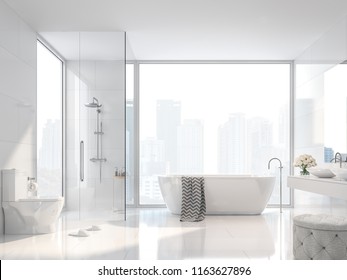 Modern white bathroom with city view 3d render. There are white tile wall and floor.The room has large windows.Sunlight shines into the room.