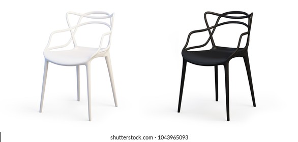 Modern White And Black Matte Plastic Chairs On White Background With Shadows. 3d Render