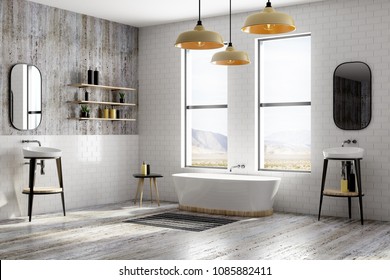 Modern white brick bathroom interior with window view and equipment. Design, style and real estate concept. 3D Rendering