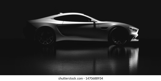 Modern white coupe sports car in a gentle light on black background. Side view outline. 3D illustration