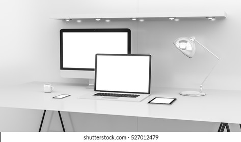 Modern White Desk Office Interior With Computer And Digital Devices And Blank Screen 3D Rendering