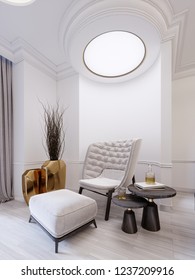 Modern white fashionable armchair with footrest, low table with decor and a golden vase with dry twigs. White modern interior with ceiling lights. 3d rendering.