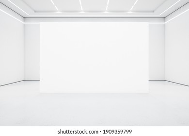 Modern White Gallery Interior With Blank Presentation Wall. Art And Design Concept. Mock Up. 3D Rendering