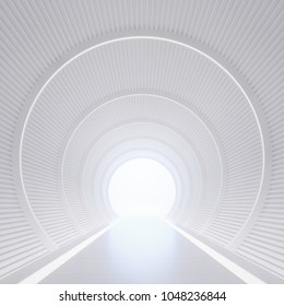 Modern White Interior With Tunnel Space 3d Rendering Image.White Curved Corridor There Is Light At The Destination.