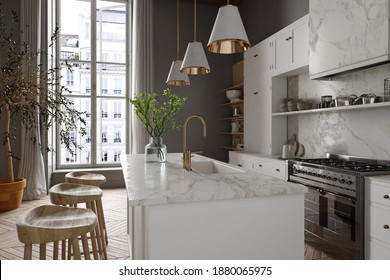 Modern White Kitchen Interior. 3D Render