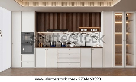 Modern White Kitchen with Marble Backsplash and Integrated Appliances