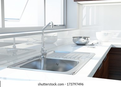 Modern White Kitchen With Sink And Window