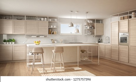 Modern white kitchen with wooden details and parquet floor, modern pendant lamps, minimalistic interior design concept idea, island with stools and accessories, 3d illustration - Shutterstock ID 1275757396