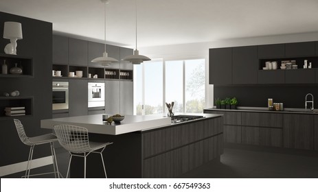Modern white kitchen with wooden and gray details, minimalistic interior design, 3d illustration