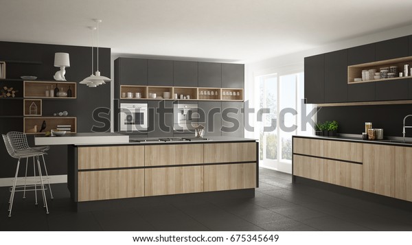 Moderne Weisse Kuche Mit Holz Und Stockillustration 675345649