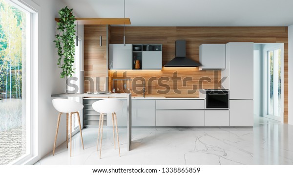 Modern White Kitchen Wooden Wall Marble Stock Illustration 1338865859