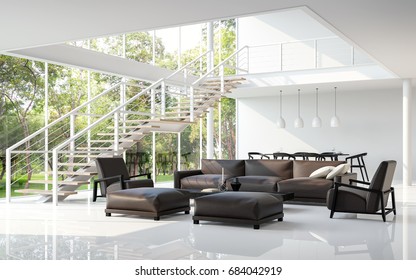 Modern white living room and dining room 3d rendering image.The room has a high ceiling A staircase is a steel structure.There are large windows look out to see the nature