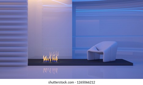 Modern White Living Room With Fireplace. Futuristic Interior Design. 3D Illustration.