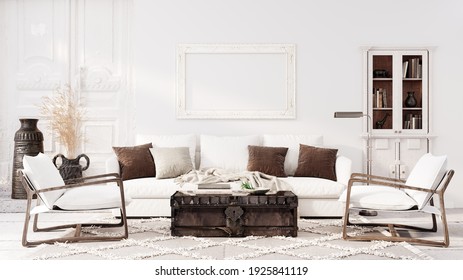 Modern white living room interior design with decoration and empty mock up picture frame 3D Rendering, 3D Illustration