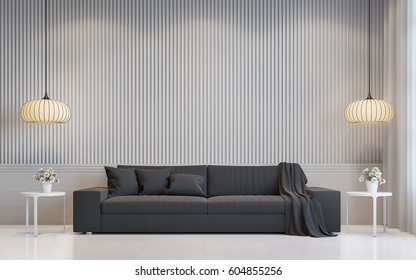 Modern White Living Room Interior 3d Rendering Image.there Are A Blank White Wall With Lath In Vertical Pattern And White Floor. Decorate Room With Dark Grey Sofa And Warm Light Hanging  Lamp