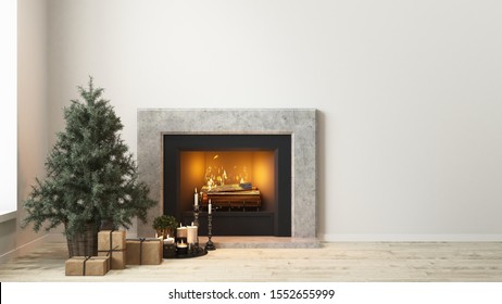 Modern White Living Room With Simple Christmas Tree Decoration And Fireplace - 3D Rendering