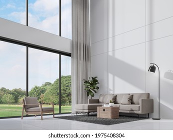 Modern White Living Room With Sunlight Shine Into The Room 3d Render,There Are Empty White Wall ,decorate With Gray Fabric Furniture, Large Window Overlooking Nature View 