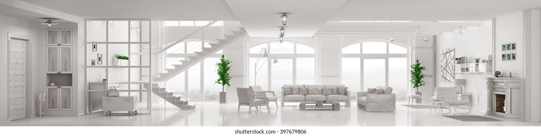 Modern White Loft Apartment Interior, Living Room, Hall, Staircase, Fireplace  Panorama 3d Rendering