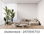 Modern white minimalist interior with beige sofa, tropical plants, panoramic windows with blinds and decor. 3d render illustration mockup.