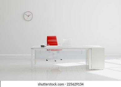 Modern White Office With Desk In Front Of Wall With Clock (3D Rendering)