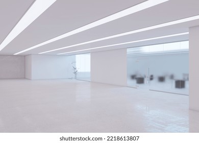 Modern White Office Hall Interior With Blurry Matte Windows. Law And Legal, Commercial Concept. 3D Rendering