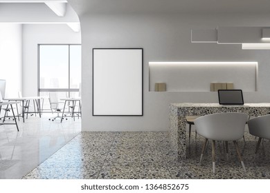 Modern White Office Kitchen Interior With Empty Poster. Mock Up, 3D Rendering 