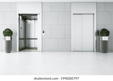 Modern White Office Lobby With Elevator And Decorative Plants. 3D Rendering