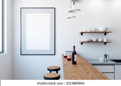 Modern White Pub Or Bar Interior With Blank Poster On Wall. Mock Up, 3D Rendering