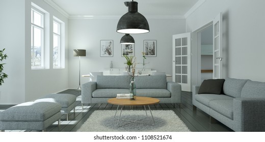 modern white skandinavian interior design living room 3d Illustration - Shutterstock ID 1108521674