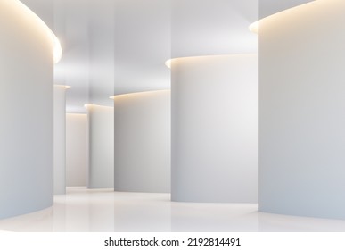 Modern White Space Interior With Curve Wall 3d Render, There Are Glossy Floor And Ceiling Decorate With Hidden Light.