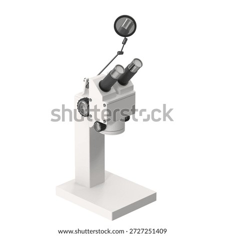 Modern white stereo microscope with adjustable focus knobs and light source on a clean white background