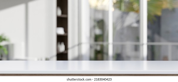 Modern White Tabletop Close-up With Empty Mockup Space For Montage Your Product Display Over Blurred Office In Background. 3d Rendering, 3d Illustration