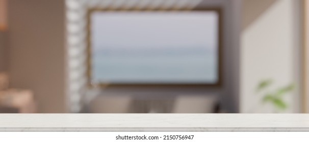 Modern White Tabletop With Copy Space For Montage Your Product Display Against Blurred Modern Bathroom Background. Modern Bathroom Background. 3d Rendering, 3d Illustration