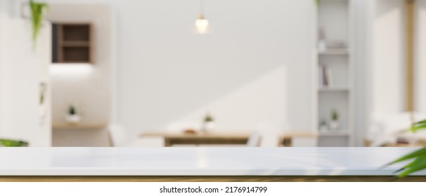 Modern White Tabletop With Empty Tabletop For Montage Your Product Display Over Blurred Modern Bright Home Working Room In The Background. 3d Rendering, 3d Illustration