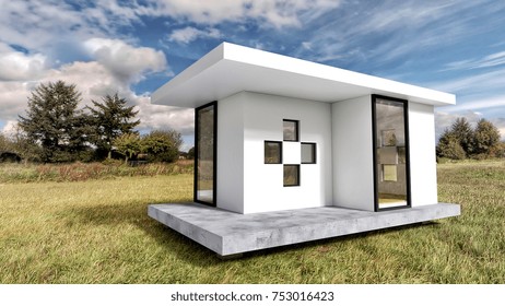 Modern White Tiny House Exterior with Landscape Background

3D Illustration